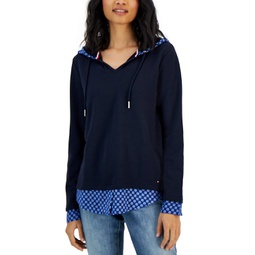 Womens Layered-Look French Terry Hoodie Top
