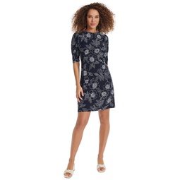 Womens Floral-Print Ruched-Sleeve Dress