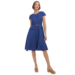 Womens Belted Cap-Sleeve Fit & Flare Dress