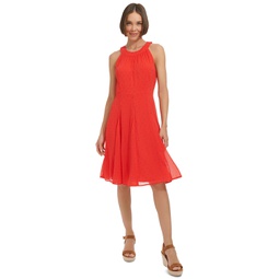 Womens Clip-Dot Fit & Flare Halter Dress