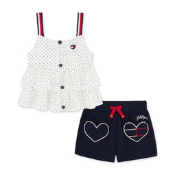 Baby Girls Tiered Jersey Babydoll Top & French Terry Logo Shorts 2 Piece Set