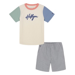 Toddler Boy short sleeve Soft Colorblock Logo Tee Printed Shorts Set