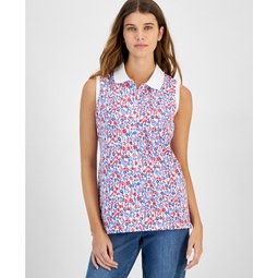 Womens Floral Print Sleeveless Polo Shirt