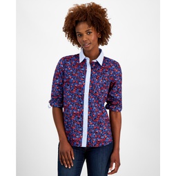 Womens Cotton Floral Roll-Tab Shirt