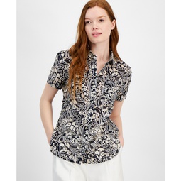 Womens Cotton Floral-Print Short-Sleeve Shirt