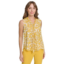 Womens Floral-Print Tie-Neck Pintuck Blouse