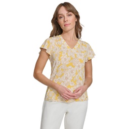Womens Floral-Print Flutter-Sleeve Shirred-Shoulder V-Neck Top