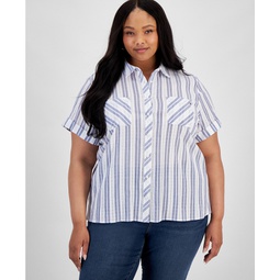 Plus Size Cotton Dobby Stripe Camp Shirt