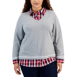 Plus Size Plaid Layered-Look Cotton Sweater