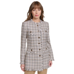 Womens Tweed Fringe-Trimmed Button-Down Jacket