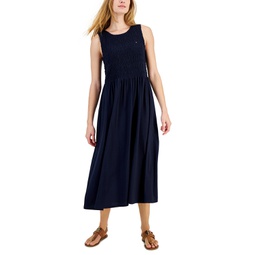 Womens Logo Solid-Color Smocked Sleeveless Dress
