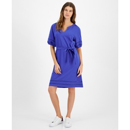 Womens Cotton Belted Puff-Sleeve Dress