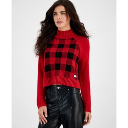 Womens Plaid-Front Mock-Neck Sweater