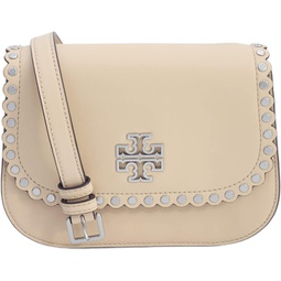 Tory Burch 139249 Britten Light Nougat Cream Tan With Silver Hardware Studded Leather/Suede Womens Small Saddle Shoulder Bag