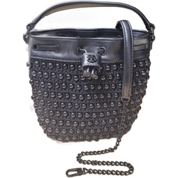 Tory Burch 136165 Black Leather/Kint Studded Womens Top Handle Drawstring Small Bag