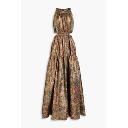 Cutout metallic floral-jacquard gown