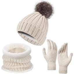 3 Pcs Women Winter Knit Beanie Hat Scarf and Touchscreen Gloves Set with Pom