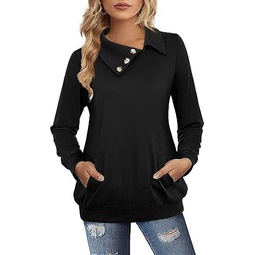 Unixseque Long Sleeve Tops for Women Lapel Collar V Neck Shirts Casual Button Tunic with Pocket Fall Fashion Solid Sweatshirt