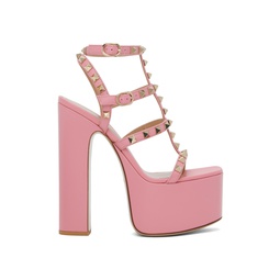 Pink Rockstud T Strap Heeled Sandals 231807F125143
