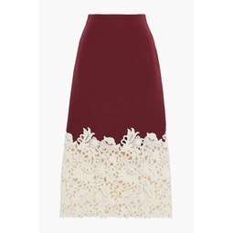 Guipure lace-paneled wool and silk-blend twill skirt
