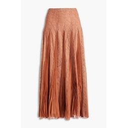Pleated corded lace and silk-chiffon midi skirt