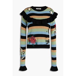 Embroidered striped ribbed wool sweater