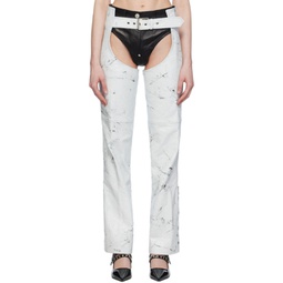 White Distressed Leather Pants 241999F084000