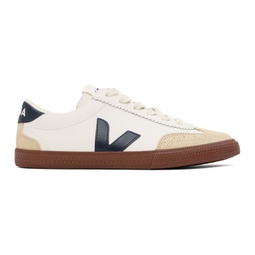 White & Navy Volley Leather Sneakers 241610M237053