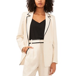 Faux Leather Trim Double Breasted Blazer