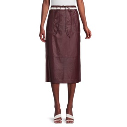 Drawstring Leather Midi Skirt