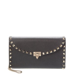 rockstud grainy leather wallet on chain