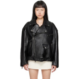 Black Belted Leather Jacket 232476F064000