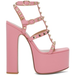 Pink Rockstud T-Strap Heeled Sandals 231807F125143