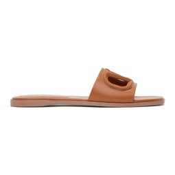 Tan VLogo Cutout Calfskin Slide Sandals 241807F124004