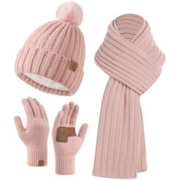 Women Winter Beanie Hat Scarf Gloves Set Knit Pom Hats Long Scarf Neck Warmer Touchscreen Gloves with Fleece Lined 3 in 1 Set