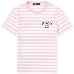 Versace Fitted Stripe Logo T-Shirt White, Pink & Multi