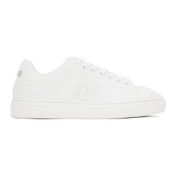 White Embroidered Greca Sneakers 241404M237026
