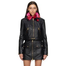 Black Spread Collar Leather & Faux-Fur Jacket 232202F064001