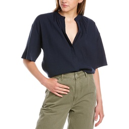 shirred band collar linen-blend blouse