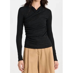 long sleeve fixed stretch wrap top in black