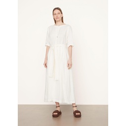 Linen-Cotton Belted Boat Neck Dress