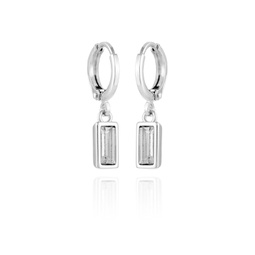 Silver-Tone Rectangular Glass Stone Dangle Huggie Hoop Earrings