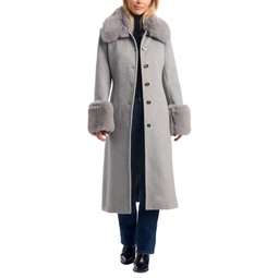 Womens Single-Breasted Faux-Fur-Trimmed Wool Blend Coat