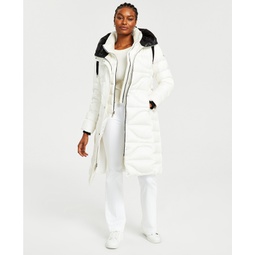 Womens Belted Quilted Hooded Puffer Coat