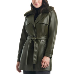 Womens Faux-Leather Belted Trench Coat