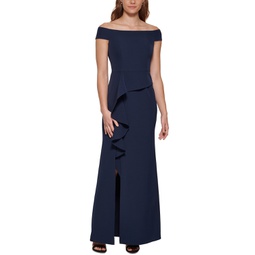 Womens Off-The-Shoulder Draped Column Gown