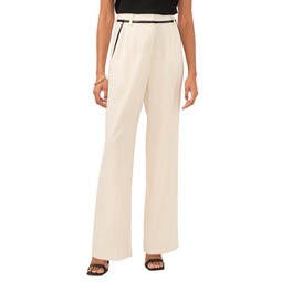 Womens Linen Blend Faux Leather Trimmed Wide Leg Pleated Trousers