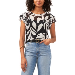 Womens Printed Ruffled-Sleeve Crewneck Top