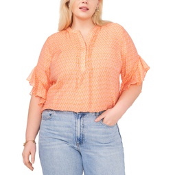 Plus Size Printed Pintuck Flutter 3/4-Sleeve Henley Blouse