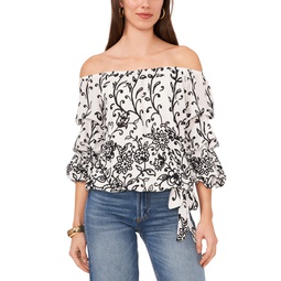 Womens Floral Off The Shoulder Bubble Sleeve Tie Front Blouse